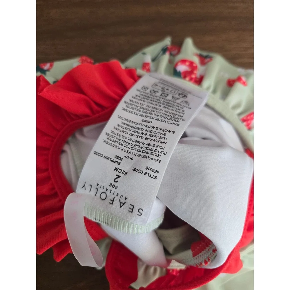 Seafolly‎ Girls Strawberry Ruffle One Piece Swimsuit Sage Green Red Size 2 92cm